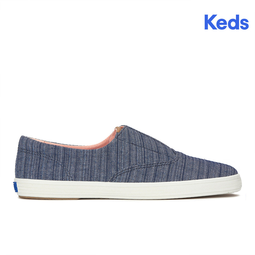 Women's Keds Champion Round Toe Slip Stripe Chambray Blue Sneaker (RNCVO5F460-WF69369)