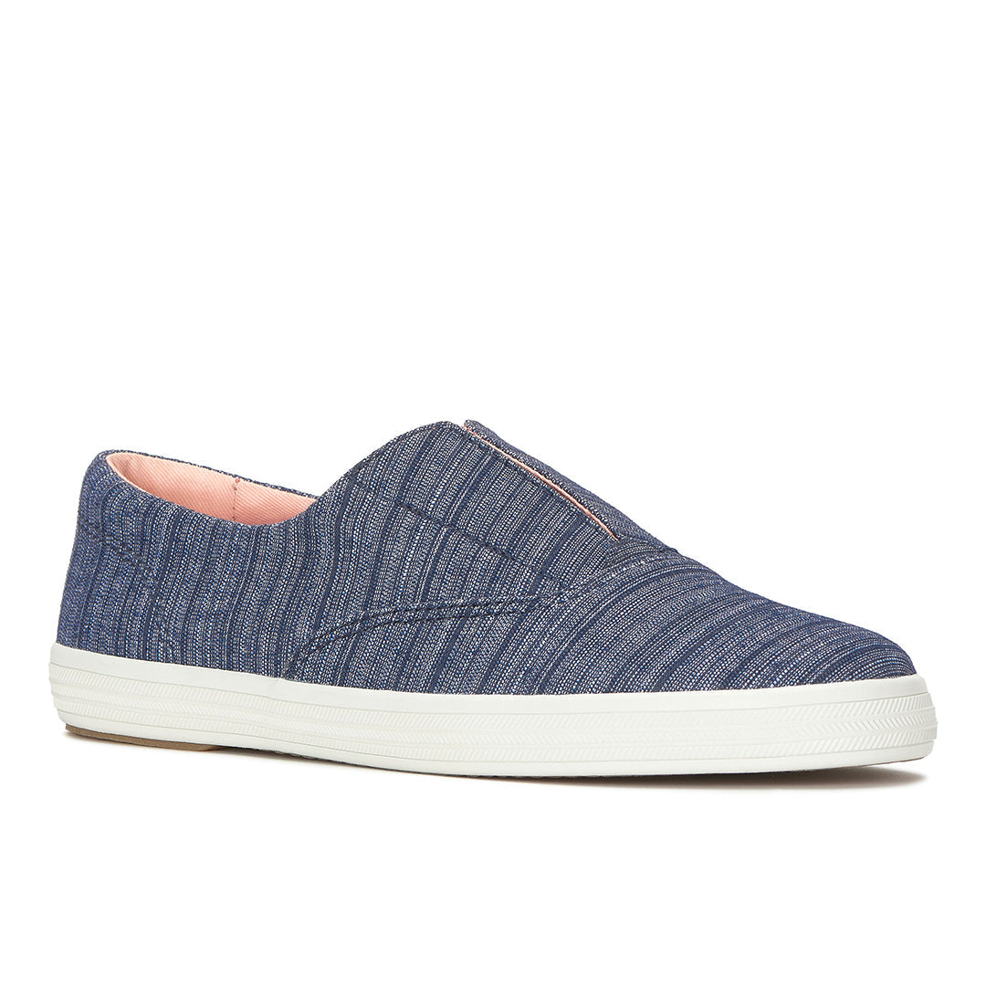 Women's Keds Champion Round Toe Slip Stripe Chambray Blue Sneaker (RNCVO5F460-WF69369)