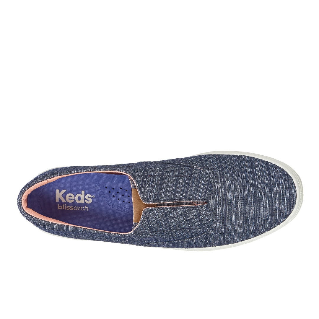 Women's Keds Champion Round Toe Slip Stripe Chambray Blue Sneaker (RNCVO5F460-WF69369)