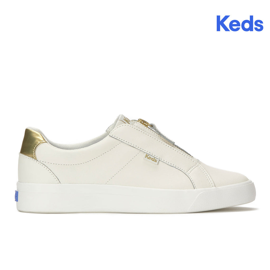 Keds Pursuit Zip Leather Metallic Heel Sneaker Snow White/Gold (WH68526-PRZIP7110)