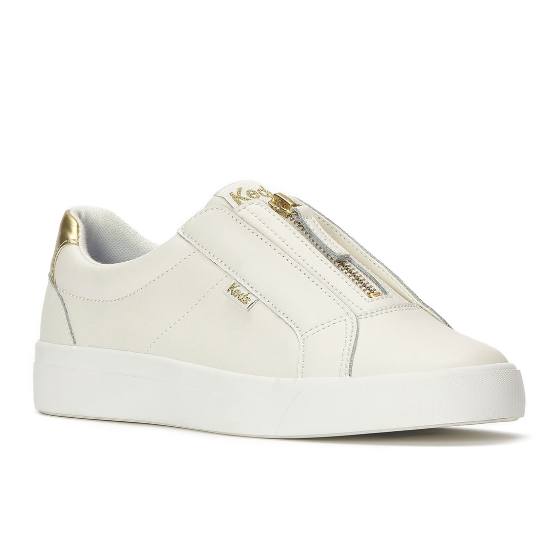 Keds Pursuit Zip Leather Metallic Heel Sneaker Snow White/Gold (WH68526-PRZIP7110)