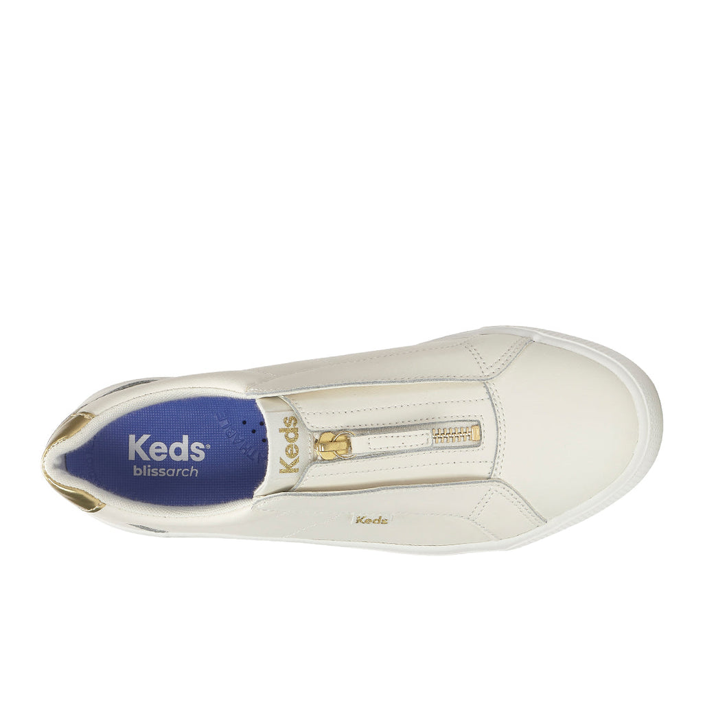 Keds Pursuit Zip Leather Metallic Heel Sneaker Snow White/Gold (WH68526-PRZIP7110)