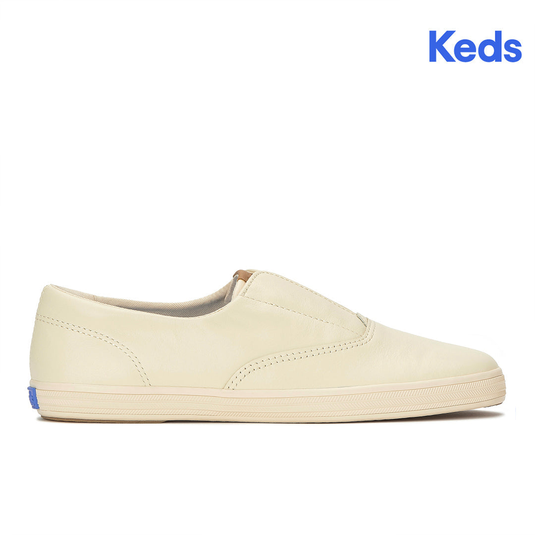 Women's Keds Champion Round Toe Slip Leather Parchment Sneaker (RNCVO6A103-WH69126)